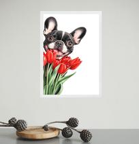 Quadro Cão Bulldog Francês Com Flores Tulipas 45x34cm - com vidro