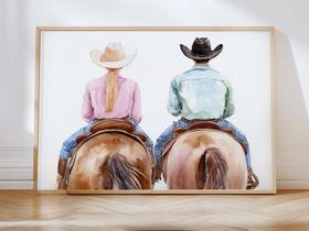 Quadro Casal Cowboy e Cowgirl Boiadeira Cavalo Rodeio Country Decoração