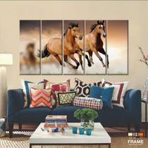 Quadro Cavalos Decorativo Paisagem Em Tecido 5 Peças 140x65