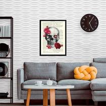 Quadro Caveira Com Flores 33X24Cm Com Vidro - Madeira Preta Quadro Caveira Com Flores 33X24Cm Com Vidro - Madeira Preta