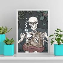 Quadro Caveira Com Gatinho Tomando Café 45x34cm