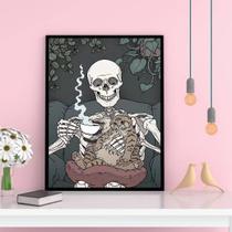 Quadro Caveira Gatinho Tomando Café 33X24Cm - Madeira Preta