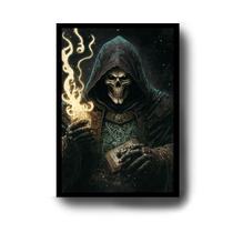 Quadro Caveira Misteriosa com Capuz e Baralhos em Chamas A3 Quadro Caveira Misteriosa com Capuz e Baralhos em Chamas A3