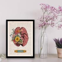Quadro Cérebro Com Flores Think 33X24 C/Vidro Madeira Preta
