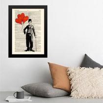 Quadro Charlie Chaplin Balões Corações 45X34Cm - Com Vidro Quadro Charlie Chaplin Balões Corações 45X34Cm - Com Vidro