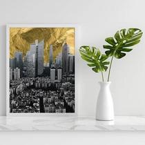 Quadro Cidade Cinza Com Céu Dourado 24X18 C/Vidro - Preta