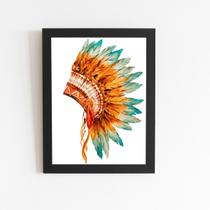 Quadro Cocar Indígena Penas Coloridas Moldura Preta 60X40Cm