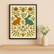Quadro Coelhos Folk Art 33x24cm Mold Branca Vidro
