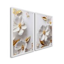 Quadro com Flores Brancas Delicado com 2 Telas de Parede Decorativo para Sala Quarto Escritório 60cm Sem Vidro