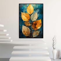 Quadro com Moldura 130x90 Abstrato Planta Folhas Dourada Azul Verde Decorativo Grande Sala Quarto Hall