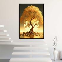 Quadro com Moldura 130x90 Árvore da fortuna Golden Dourada Decorativo Grande Sala Quarto Hall Cor:Moldura Preta