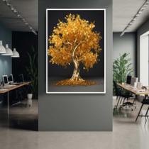 Quadro com Moldura 130x90 Árvore Dourada Fundo Preto Decorativo Grande Sala Quarto Hall Cor:Moldura Branca
