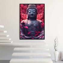 Quadro com Moldura 130x90 Buda Pedra Petalas Decorativo Grande Sala Quarto Hall Cor:Moldura Preta