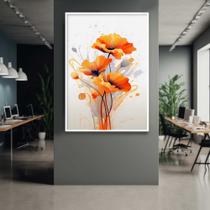 Quadro com Moldura 130x90 Flores Arte Laranja Decorativo Grande Sala Quarto Hall