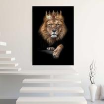 Quadro com Moldura 130x90 Leão Rei Coroa Luxo Decorativo Grande Sala Quarto Hall