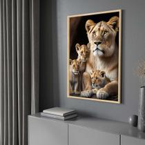 Quadro com Moldura 130x90 Leoa 3 Filhotes Decorativo Grande Sala Quarto Hall