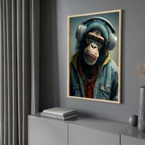 Quadro com Moldura 130x90 Macaco Rapper Fone Decorativo Grande Sala Quarto Hall Cor:Moldura Madeira