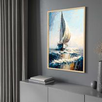 Quadro com Moldura 130x90 Pintura Barco Céu Azul Vertical Arte Decorativo Grande Sala Quarto Hall