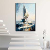 Quadro com Moldura 130x90 Pintura Barco Céu Azul Vertical Arte Decorativo Grande Sala Quarto Hall