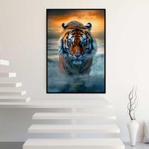 Quadro com Moldura 130x90 Tigre por do Sol Paisagem Vertical Decorativo Grande Sala Quarto Hall
