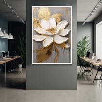 Quadro com Moldura 40x60 Flor Bege Dourada Pincel Decorativo Grande Sala Quarto Hall