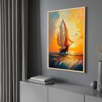 Quadro com Moldura 40x60 Pintura Barco Por do Sol Vertical Decorativo Grande Sala Quarto Hall