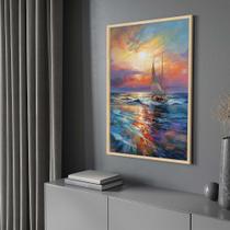 Quadro com Moldura 40x60 Pintura Mar Por do Sol Barco Vertical Decorativo Grande Sala Quarto Hall Quadro com Moldura 40x60 Pintura Mar Por do Sol Barco Vertical Decorativo Grande Sala Quarto Hall