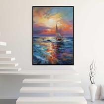 Quadro com Moldura 40x60 Pintura Mar Por do Sol Barco Vertical Decorativo Grande Sala Quarto Hall