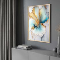 Quadro com Moldura Abstrato Mármore Moderno Azul Dourado Decorativo Grande Sala Quarto Hall Cor:Moldura MadeiraTamanho: