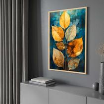 Quadro com Moldura Abstrato Planta Folhas Dourada Azul Verde Decorativo Grande Sala Quarto Hall Escritório Cozinha Vertical