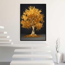 Quadro com Moldura Árvore Dourada Fundo Preto Decorativo Grande Sala Quarto Hall