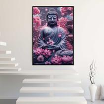 Quadro com Moldura Buda Flores Rosa Buddha Decorativo Grande Sala Quarto Hall Escritório Cozinha Vertical