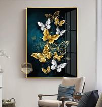 Quadro Com Moldura Decorativo Grande Alta Resolução Para Sala Quarto Borboleta Dourada e Branca Escritório
