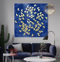 Quadro Com Moldura Decorativo Grande Alta Resolução Para Sala Quarto Escritório Abstrata Borboletas Dourada Fundo Azul