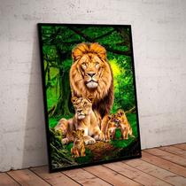 Quadro Com Moldura Decorativo Grande Alta Resolução Para Sala Quarto Escritório Família De Leões 3 Filhotes Floresta