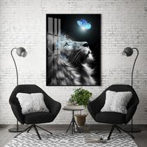 Quadro Com Moldura Decorativo Grande Alta Resolução Para Sala Quarto Escritório Leão com borboleta azul