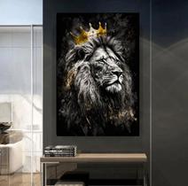 Quadro Com Moldura Decorativo Grande Alta Resolução Para Sala Quarto Escritório Leão Preto e Branco Coroa Dourada