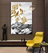 Quadro Com Moldura Decorativo Grande Alta Resolução Para Sala Quarto Escritório Paisagem Montanha Pássaros Dourado