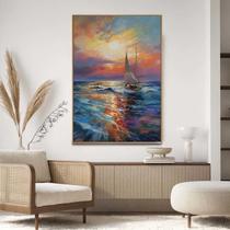 Quadro com Moldura Decorativo Para Sala Quarto Hall Barco Arte Por do Sol Pintura