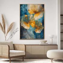 Quadro com Moldura Decorativo Para Sala Quarto Hall Floral Dourado Azul Arte Moderna Cor:MOLDURA MADEIRATamanho:40 X 60