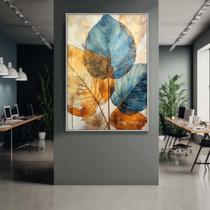 Quadro com Moldura Decorativo Para Sala Quarto Hall Folhas Clean Azul Dourado