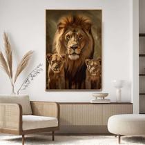 Quadro com Moldura Decorativo Para Sala Quarto Hall Leão com 2 Filhotes Savana