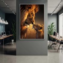 Quadro com Moldura Decorativo Para Sala Quarto Hall Leão Pai com Filhote