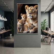 Quadro com Moldura Decorativo Para Sala Quarto Hall Leoa com 3 Filhotes Savana