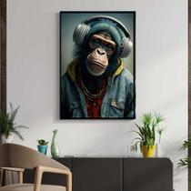 Quadro com Moldura Decorativo Para Sala Quarto Hall Macaco Rapper Fone