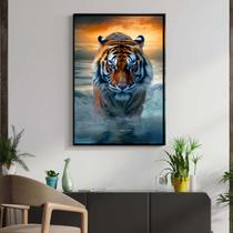 Quadro com Moldura Decorativo Para Sala Quarto Hall Tigre Mar Por do Sol