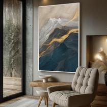 Quadro com Moldura e Acrilico Cristal Vidro Montanhas Azul Dourada para Sala de estar, Quarto, Hall e Escritório