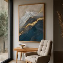 Quadro com Moldura e Acrilico Cristal Vidro Montanhas Azul Dourada para Sala de estar, Quarto, Hall e Escritório Quadro com Moldura e Acrilico Cristal Vidro Montanhas Azul Dourada para Sala de estar, Quarto, Hall e Escritório
