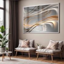 Quadro com Moldura e Acrilico Cristal Vidro Sala Quarto Abstrato Arte Ondas Dourado Decorativo Horizontal Grande Hall