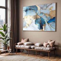 Quadro com Moldura e Acrilico Cristal Vidro Sala Quarto Abstrato Azul Mármore Decorativo Horizontal Grande Hall